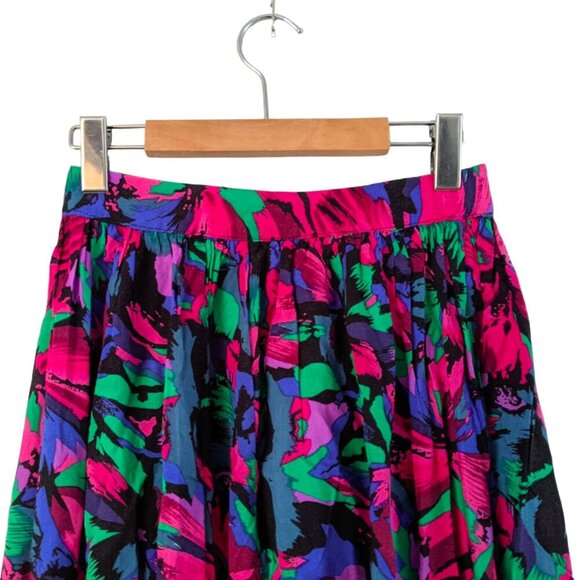 Vintage Floral Midi Cotton Skirt Pleated Cottagecore Summer Bright Pink Blue - Picture 5 of 8